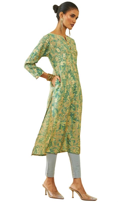 Soch Womens Pink Muslin Floral Foil Print Straight Kurta with Pocket