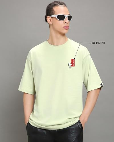 Bewakoof X Official Peanuts Merchandise Mens Graphic Printed Cotton Jersey T-Shirt - Oversized Fit, Round Neck, Half Sleeves Gr