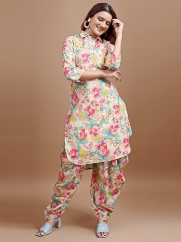 Womanista Women's Silk Blend Foil Printed Poet Sleeve Tunic With Dhoti Pant Co-Ord Set (Co-Ords_9110)