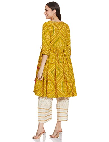 anubhutee Women's Rayon Mustard Yellow Gota Patti work Bandhani Printed Anarkali Kurta Suit Set with Palazzo