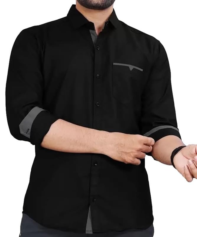 Tee Projekt Mens Regular Fit Solid Soft Touch Cotton Casual Shirt with Pocket Design with Spread Collar & Full Sleeves. Black