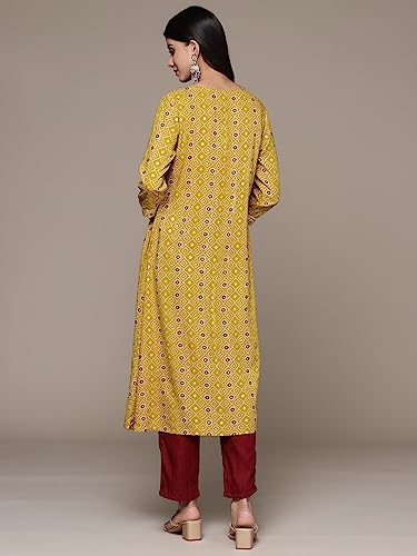 ishin Women's Viscose Rayon Embellished Mustard A-Line Kurta
