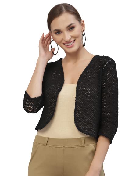 Style Quotient Women Black Cotton Self Design Lace Crop Open Front Shrug