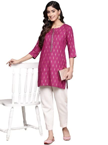 Anubhutee WomenS Viscose Rayon Magenta Mirror Work Ethnic Motifs Printed Straight Kurti