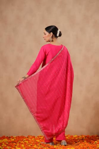ishin Women's Poly Silk Self Design Fuchsia Straight Kurta Suit Set with Trousers and Dupatta