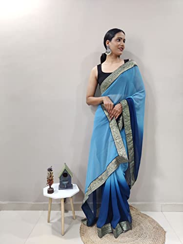 Shiv Textiles Womens Gorgette Less Border Zip And Go Pre-Stitched Saree Effortless Wear & Comfort : Ready To Wear Saree(Sb-St-R