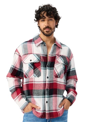 The Souled Store Plaid: Red, White, Blue Men and Boys Long Sleeves Collared Neck Button Front Cotton Oversized Flannel Shackets