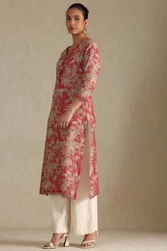 Soch Womens Pink Linen Botanical Print Kurta with Tassels