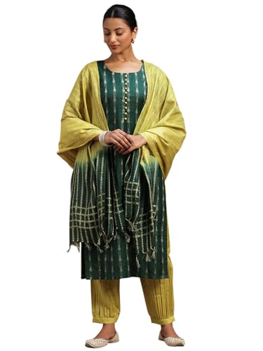 Libas Womens Woven Design Silk Blend Straight Kurta With Salwar And Dupatta
