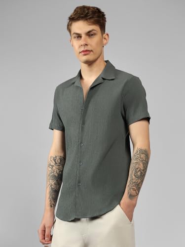 Dennis Lingo MenS| Dark Grey| Half Sleeve| Cuban Collar| Striped| Relaxed Fit| Casual Shirt