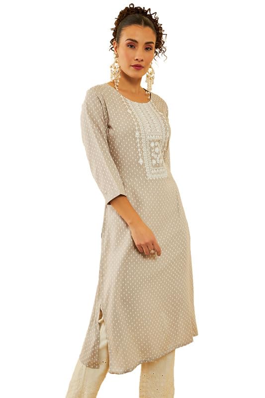 Soch Womens Grey Rayon Floral Printed Kurta With Faux Mirror