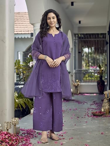 Womanista Women's Silk Blend Curved Kurta with Pant & Dupatta