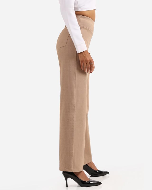 BlissClub Werk-It Wide Leg Pants | Herringbone Pattern | Classic Patch Pockets | Cotton Pants