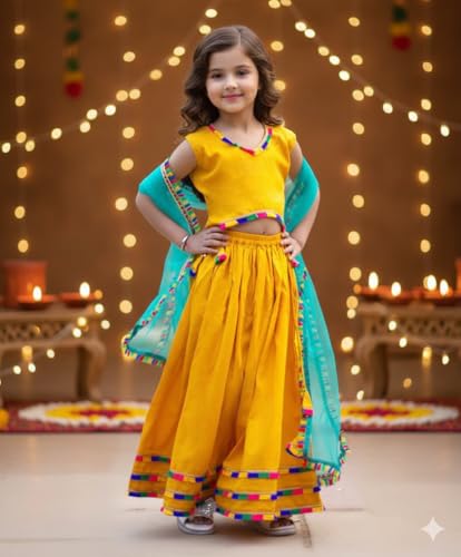 Naixa GirlS Rayon Fabrics Sleeveless V Neck Traditional Ethnic Wear Readymade Yellow Color Lehenga Choli For Every Occasion Lik