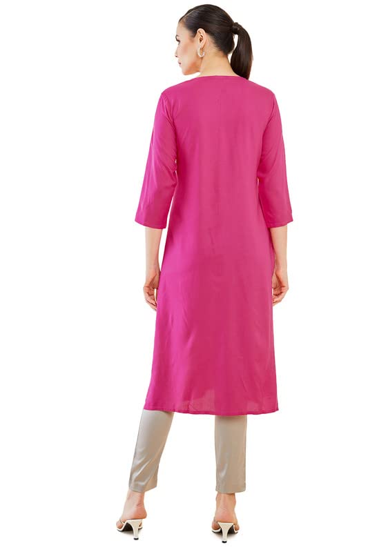 Soch Womens Pink Rayon Straight Kurta with Embroidered Yoke and Reflective Embellishments