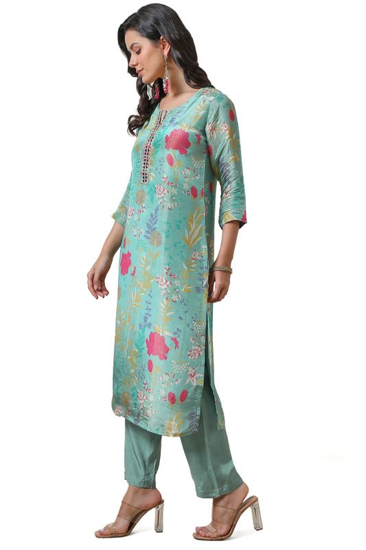 Soch Womens Turquoise Blue Botanical Print Tissue Kurta Set