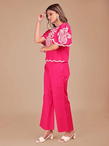 Womanista Womens Pure Cotton Solid Regular 2 PC Co-ord Set 9174_Fuschia