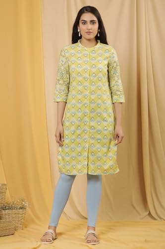 W for Woman W Women Beige Floral Print Cotton Straight Kurta set with Tight