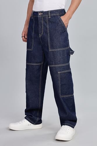 Inkd MenS Cargo Carpenter Baggy Jeans Mid-Rise | 100% Cotton | Contrast Stitch| 6 Pocket Styling | Baggy Jeans For Man | Cargo