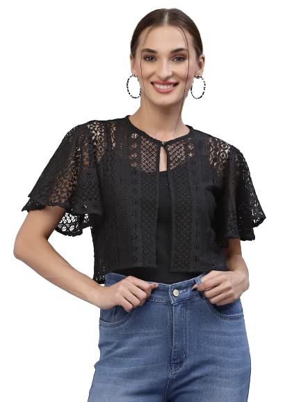 Style Quotient Women Black Self Design Lace Open Front Smart Casual Shrug