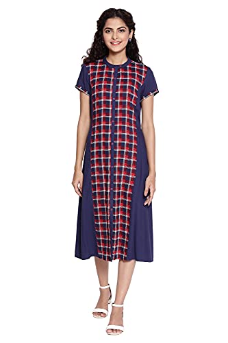 Aurelia WomenS Viscose Dark Blue Mandarin Collar Gathered Dress Knee-Length (21Aua12360-503300 Xl)