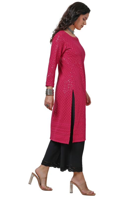 Soch Womens Fuchsia Rayon Embroidered Straight Kurta With Sequins