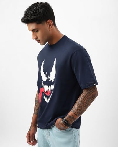 Bewakoof Official Marvel Merchandise Venom Mens Graphic Print Oversized Fit Half Sleeve Round Neck Cotton Jersey T-Shirt 646650