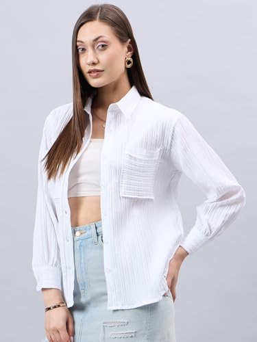 Style Quotient Women White Texture Smart Casual Relaxed Fit Polyester Shirt