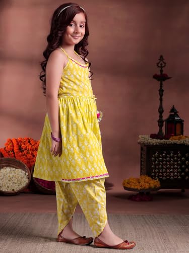 Libas Kids Womens Printed Cotton A-Line Kurti With Trousers