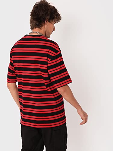 Bewakoof Mens Striped 100% Cotton T-Shirt - Oversized Fit, Round Neck, Half Sleeves Black