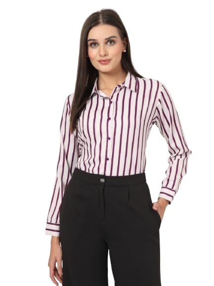 Style Quotient Women Magenta and Off White Stripe Printed Polyester Regular Fit Formal Shirt