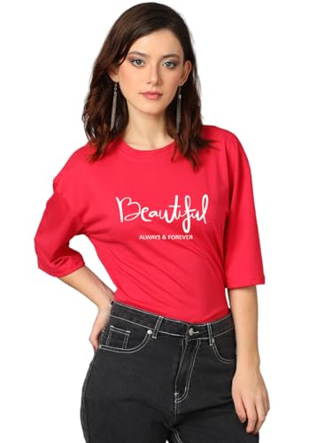 KOTTY Womens Printed, Typography Round Neck Cotton Blend 3/4 Sleeve T-Shirt(Red,XL)