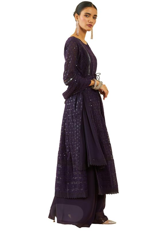 Soch Womens Purple Georgette All-Over Embroidered Palazzo Suit Set With Dupatta