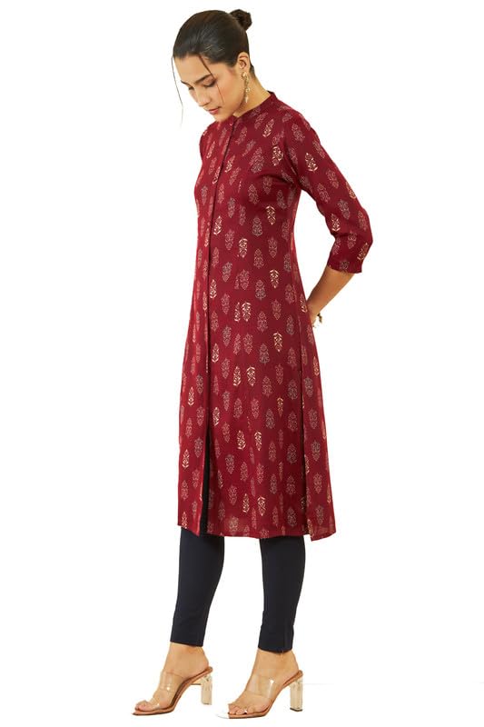 Soch Womens Rayon Floral Foil Print Straight Kurta with Pocket