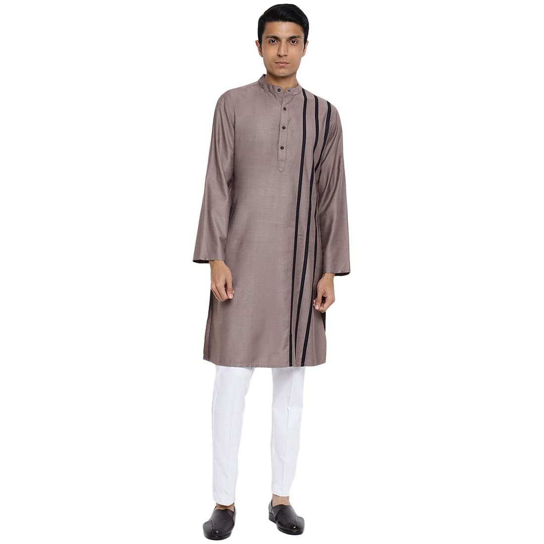 Fabindia Men Viscose Silk Chinese Collar Long Kurta Grey_S