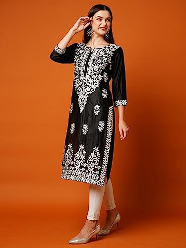 ANNI DESIGNER Womens Cotton Blend Straight Fit Chikankari Embroidered Kurta (Victoria Black_S_Black_Small)