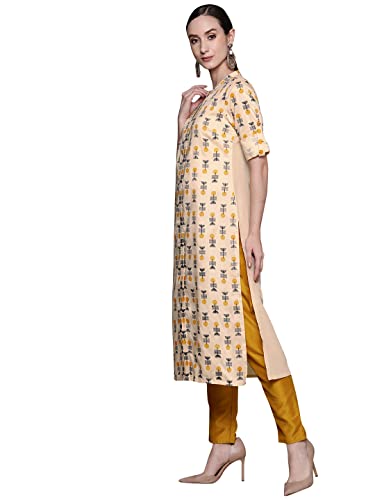 ZIYAA Women's Off White Chinon Straight Kurta And Pant Set(ZIKUCH3861ANDPA)