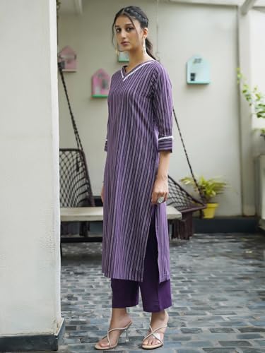 Sanisa Women's Cotton Sequence Work & Woven Straight Kurta with Pant and Dupatta Set