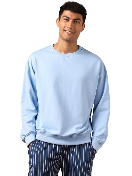 Nobero MenS Cotton Blend Crew Neck Sweatshirt (1M-Twss-R0005_Powder Blue