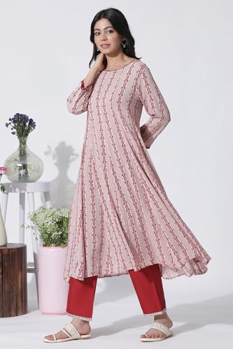 W for Woman White & Red Printed Flared Kurta, Cotton Pants with Dupatta Set