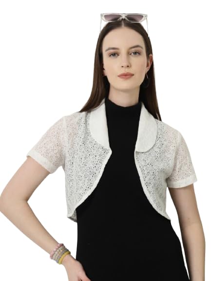 Style Quotient Women White Cotton Lace Open Front Crop Shrug