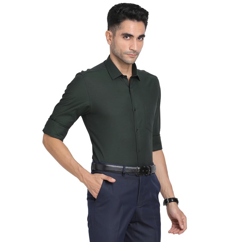 Turtle Men 100% Cotton Dark Green Dobby Slim Fit Full Sleeve Formal Shirt