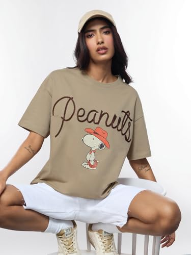 The Souled Store Peanuts: Retro Snoopy Women and Girls Short Sleeves Round Neck Beige Embroidered Cotton Lightweight Casual Stre