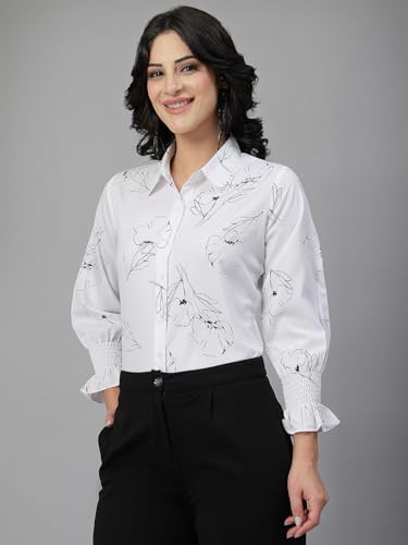 Style Quotient Women White and Black Floral Printed Polycrepe Regular Smart Casual Shirt