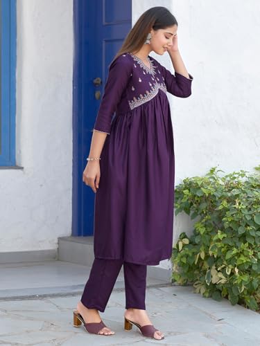 Sanisa Women's Art Silk Alia Cut Kurta Set with Pant & Dupatta, Medium, Dark Purple, Model 163KBD1758NR-M