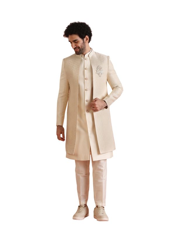 Kisah Mens Jacket Sherwani Trouser Set|Silk Blend Fabric Jacquard Pattern Indo-Western Ethnic Set For Men|Regular Fit Mandarin C