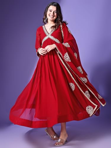 Wedani Womens Georgette Solid Anarkali Dress Maroon