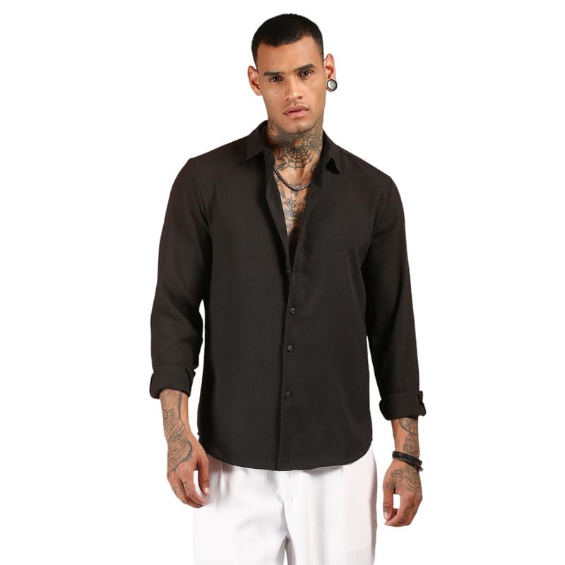 Campus Sutra Mens Midnight Black Solid Seersucker Shirt for Casual Wear | Spread Collar | Long Sleeve | Button Closure | Shirt
