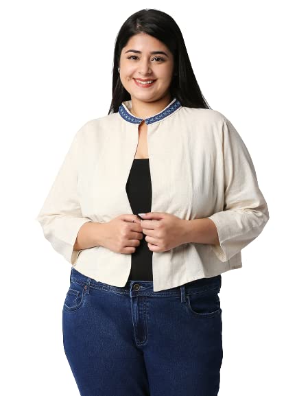 Style Quotient Women Off White and Blue Solid Cotton Open Front Smart Casual Shrug
