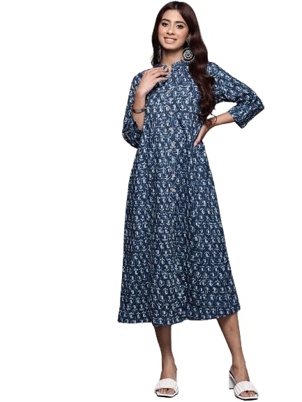 Varanga Women Blue Ethnic Motif Printed A-Line Dress